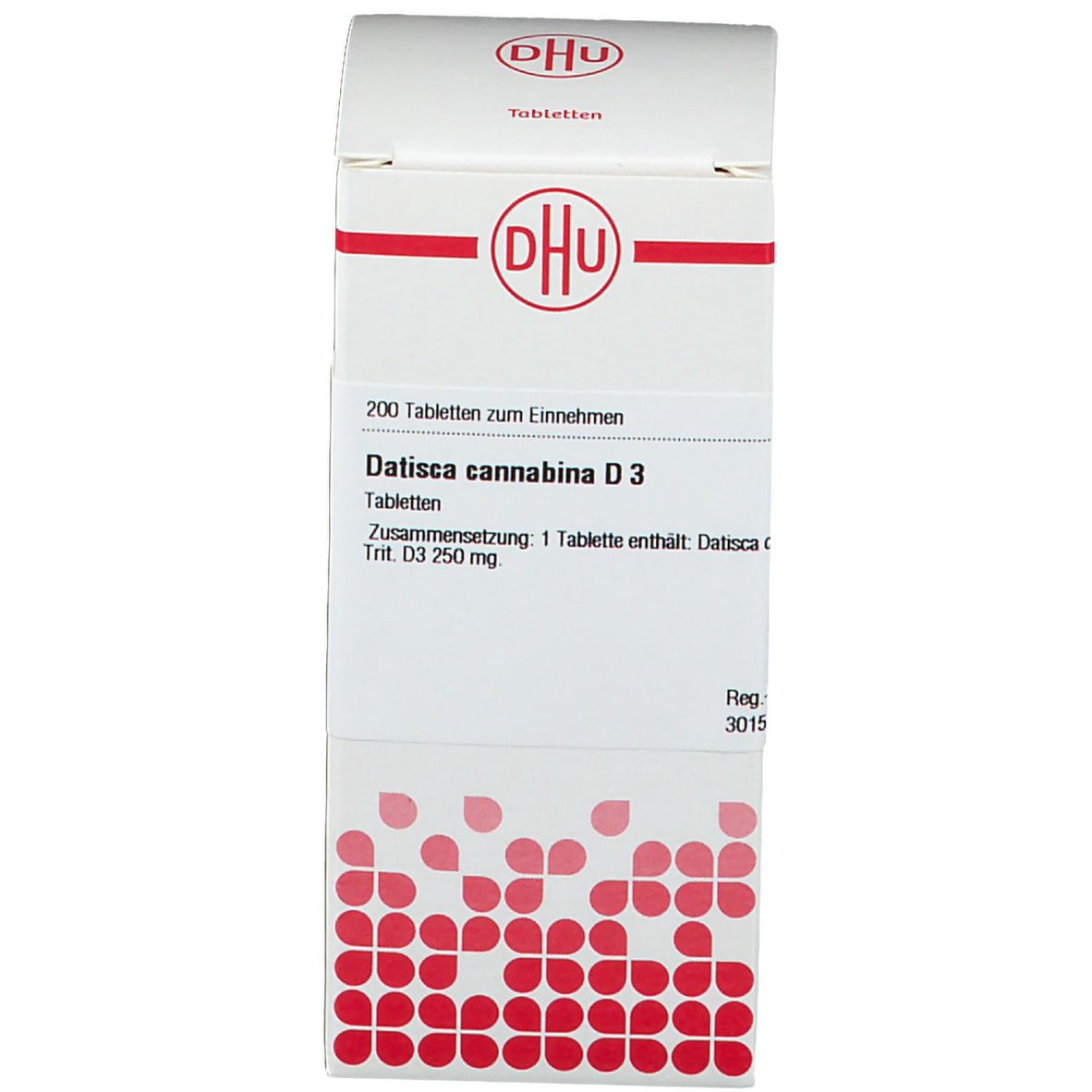Karton mit Produktinformationen. Enthält Tabletten. Marke DHU sichtbar.