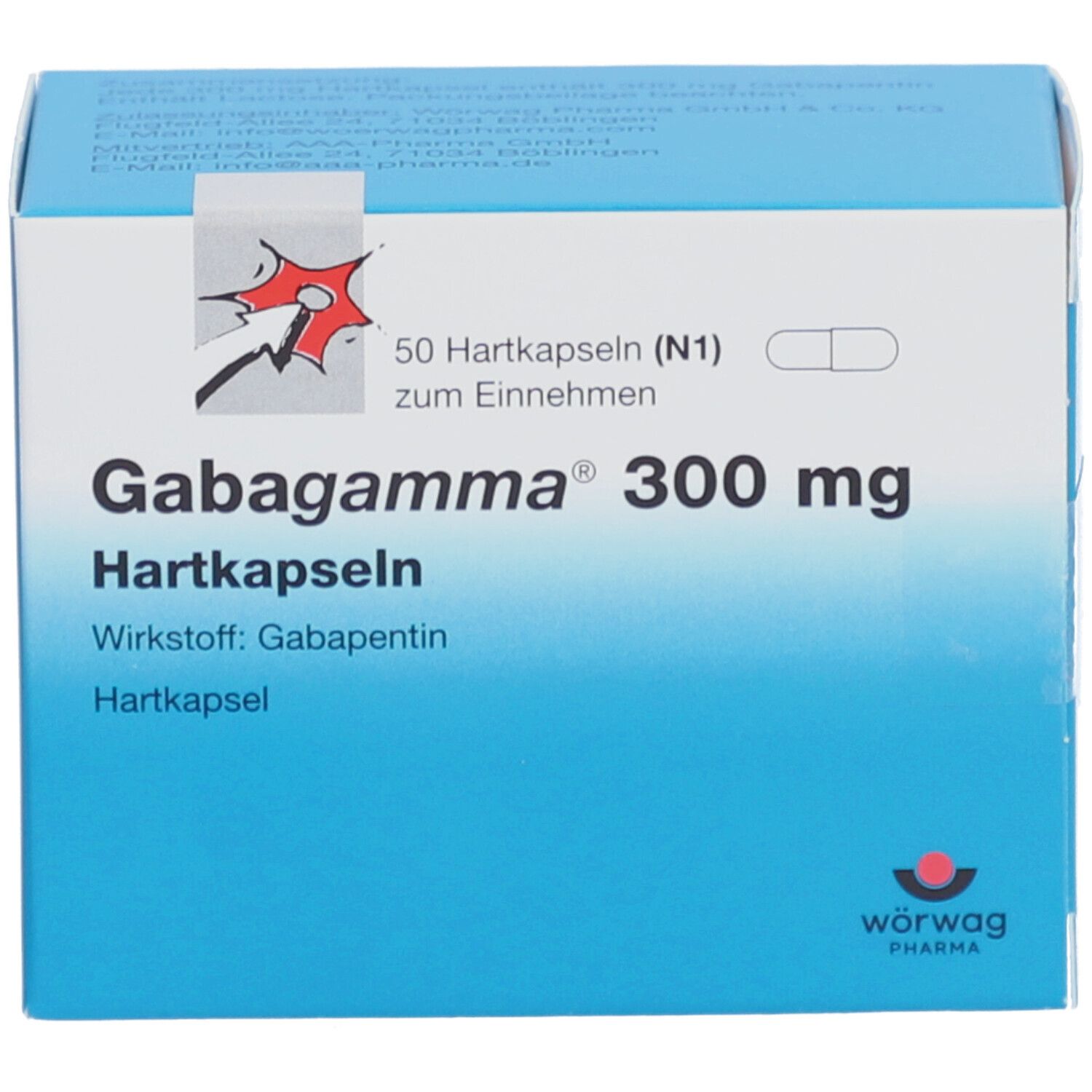 Blau-weiße Schachtel mit "Gabagamma 300 mg Hartkapseln". Enthält 50 Kapseln. Logo von Wörwag Pharma.
