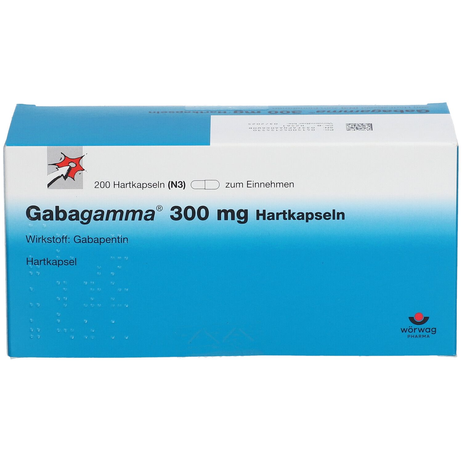 Blau-weiße Schachtel mit Gabagamma 300 mg Hartkapseln. Enthält 200 Kapseln. Logo worwag pharma.