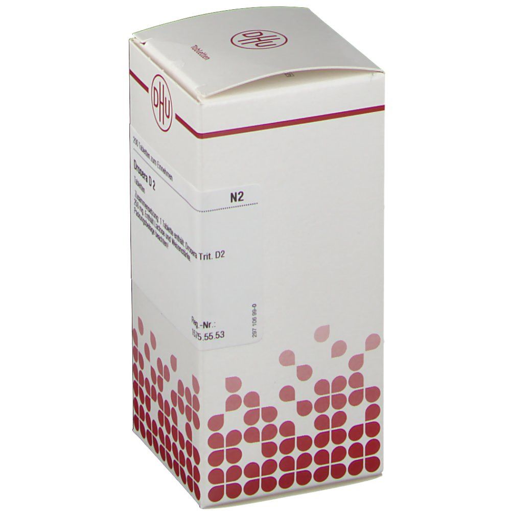 Weiße Faltschachtel mit rotem Muster. Aufschrift: DHU, Drosera D2 Tabletten. Text in deutscher Sprache. N2.
