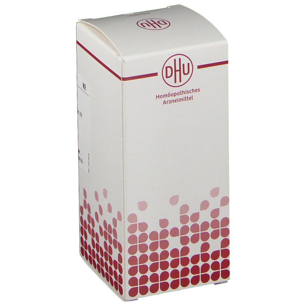 Weiße Faltschachtel mit rotem Muster. Aufschrift: DHU, Homöopathisches Arzneimittel. Text in deutscher Sprache.