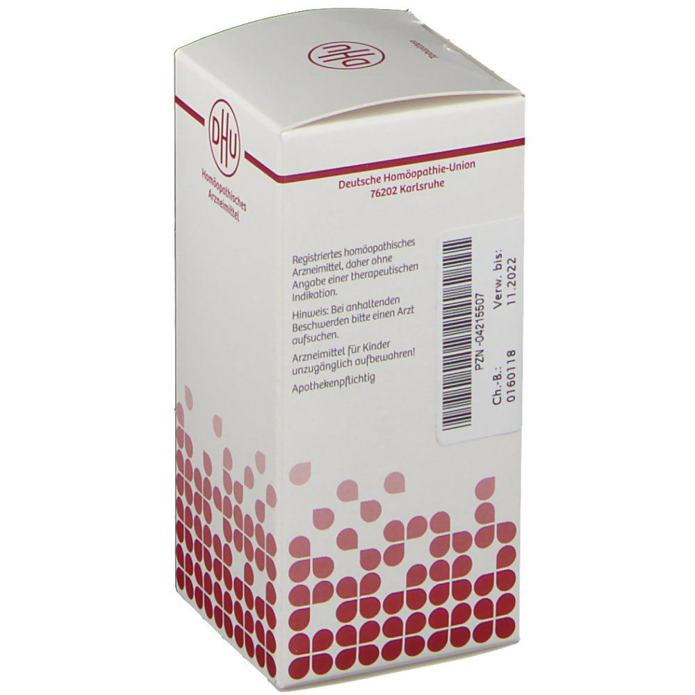 Weiße Faltschachtel mit rotem Muster. Aufschrift: DHU, Deutsche Homöopathie-Union. Text in deutscher Sprache. Verfallsdatum: 11.2022.