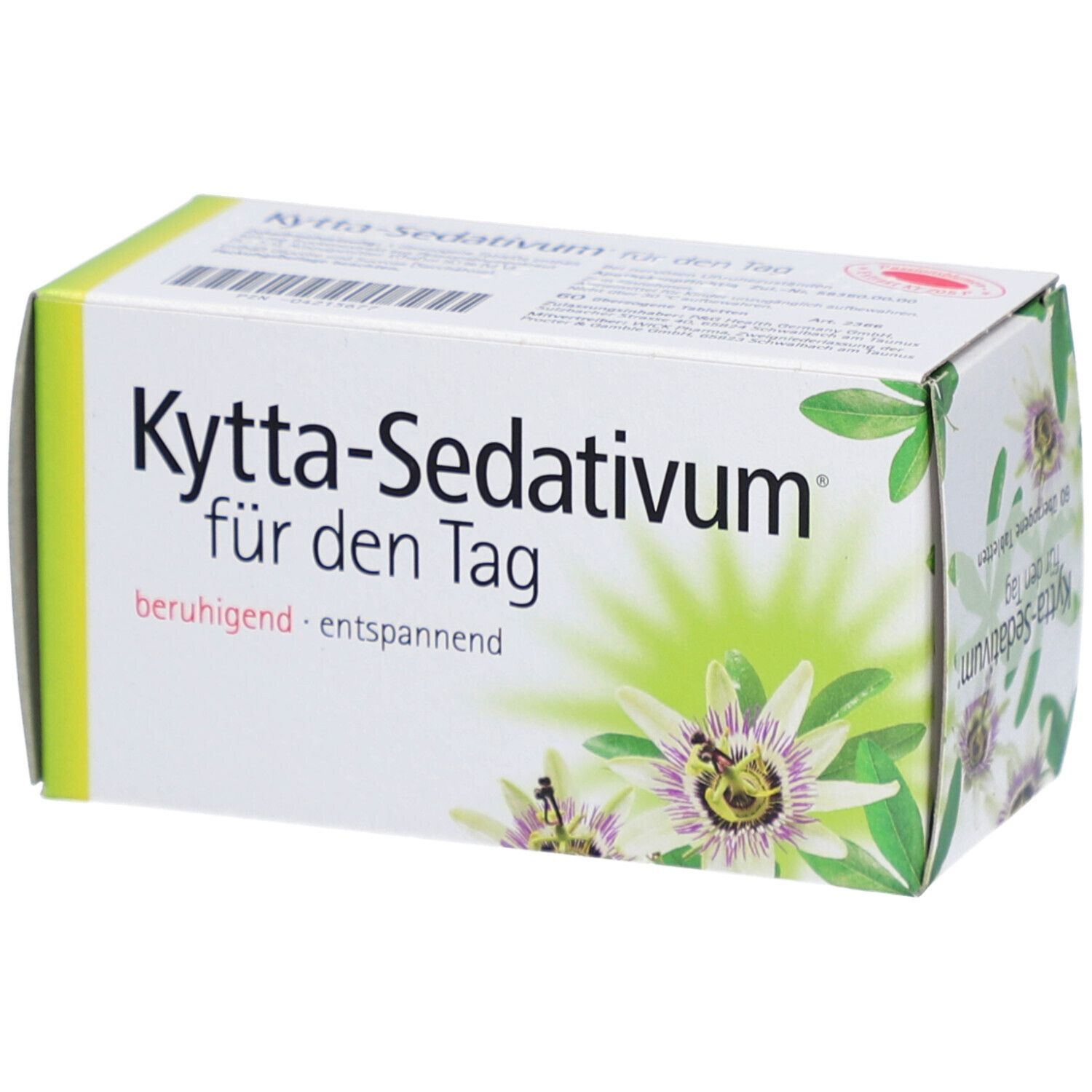 Produktverpackung von "Kytta-Sedativum für den Tag". Weiße Schachtel mit grünem und gelbem Design. Blütenmotiv.