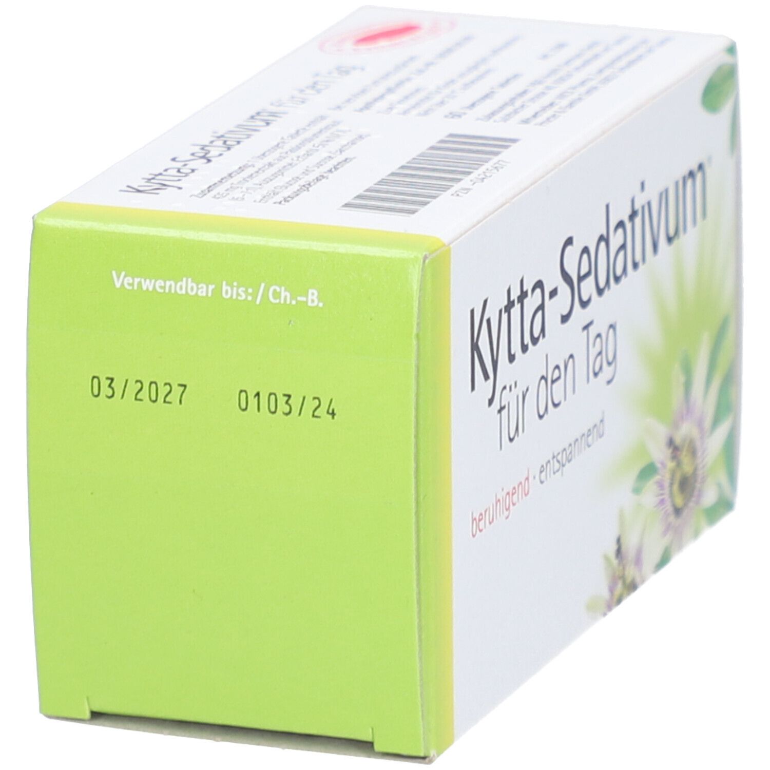 Produktverpackung von "Kytta-Sedativum für den Tag". Weiße Schachtel mit grünem und gelbem Design. Blütenmotiv.