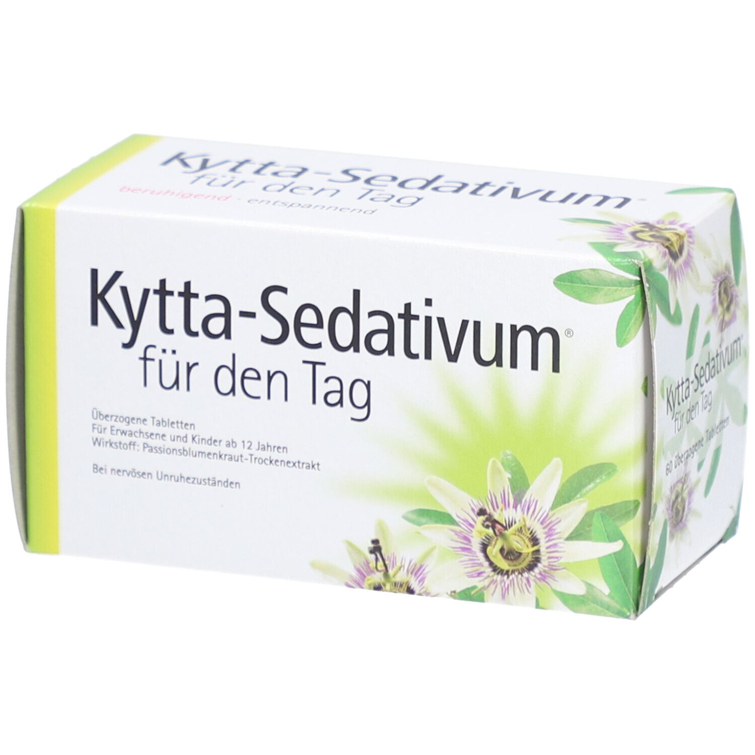 Produktverpackung von "Kytta-Sedativum für den Tag". Weiße Schachtel mit grünem und gelbem Design. Blütenmotiv.