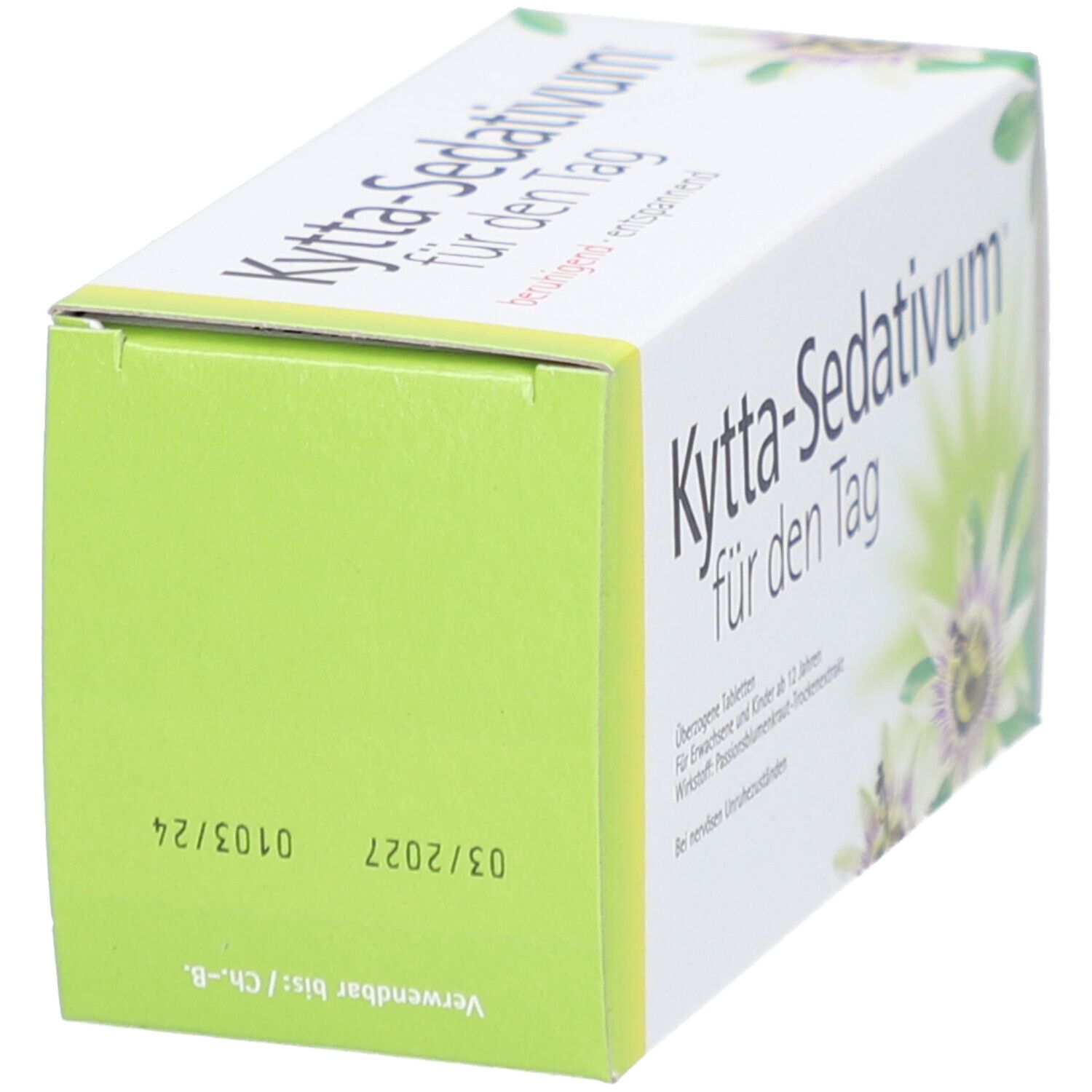 Produktverpackung von "Kytta-Sedativum für den Tag". Weiße Schachtel mit grünem und gelbem Design. Blütenmotiv.