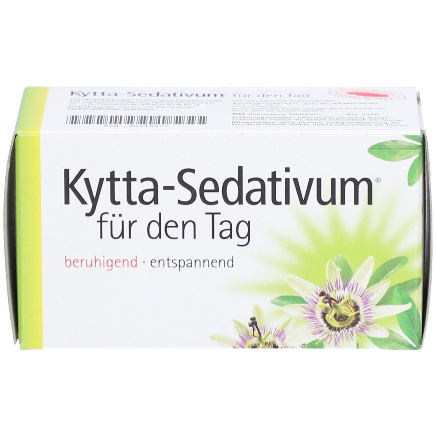 Produktverpackung von "Kytta-Sedativum für den Tag". Weiße Schachtel mit grünem und gelbem Design. Blütenmotiv.