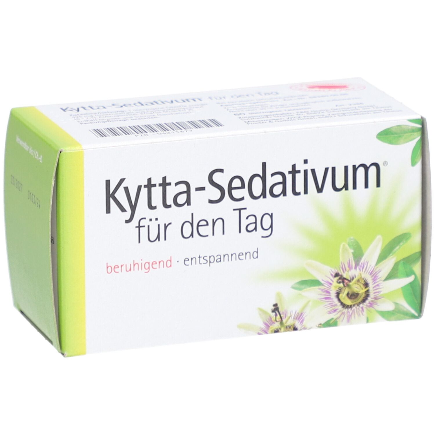Produktverpackung von "Kytta-Sedativum für den Tag". Weiße Schachtel mit grünem und gelbem Design. Blütenmotiv.