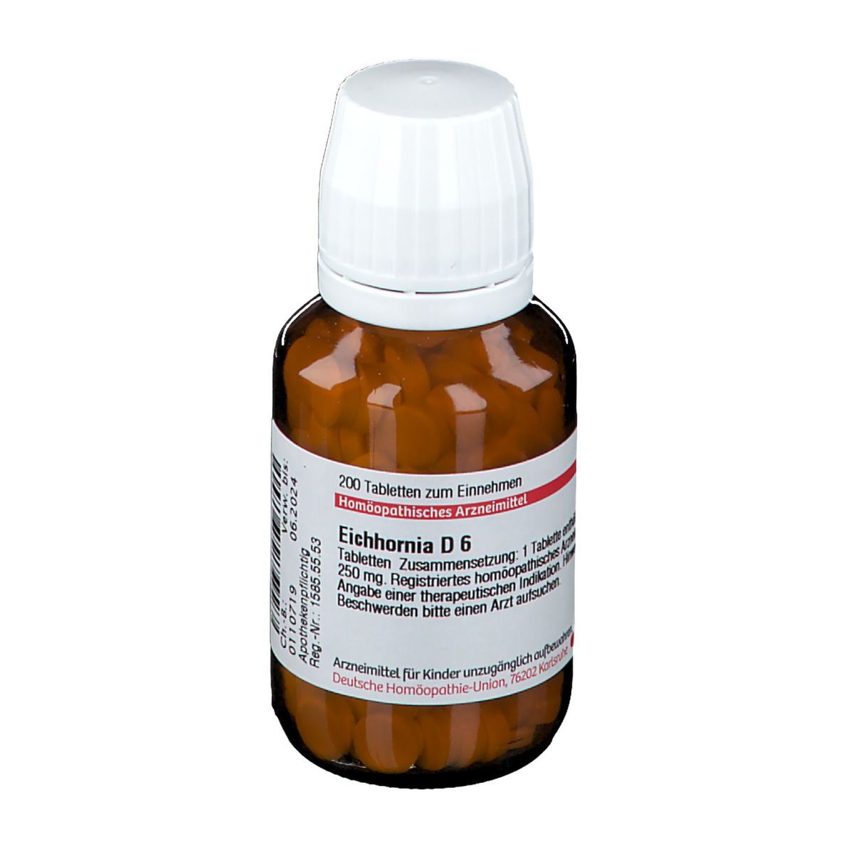 Braune Glasflasche mit weißen Deckel. Etikett mit Produktinformationen. Enthält Tabletten.