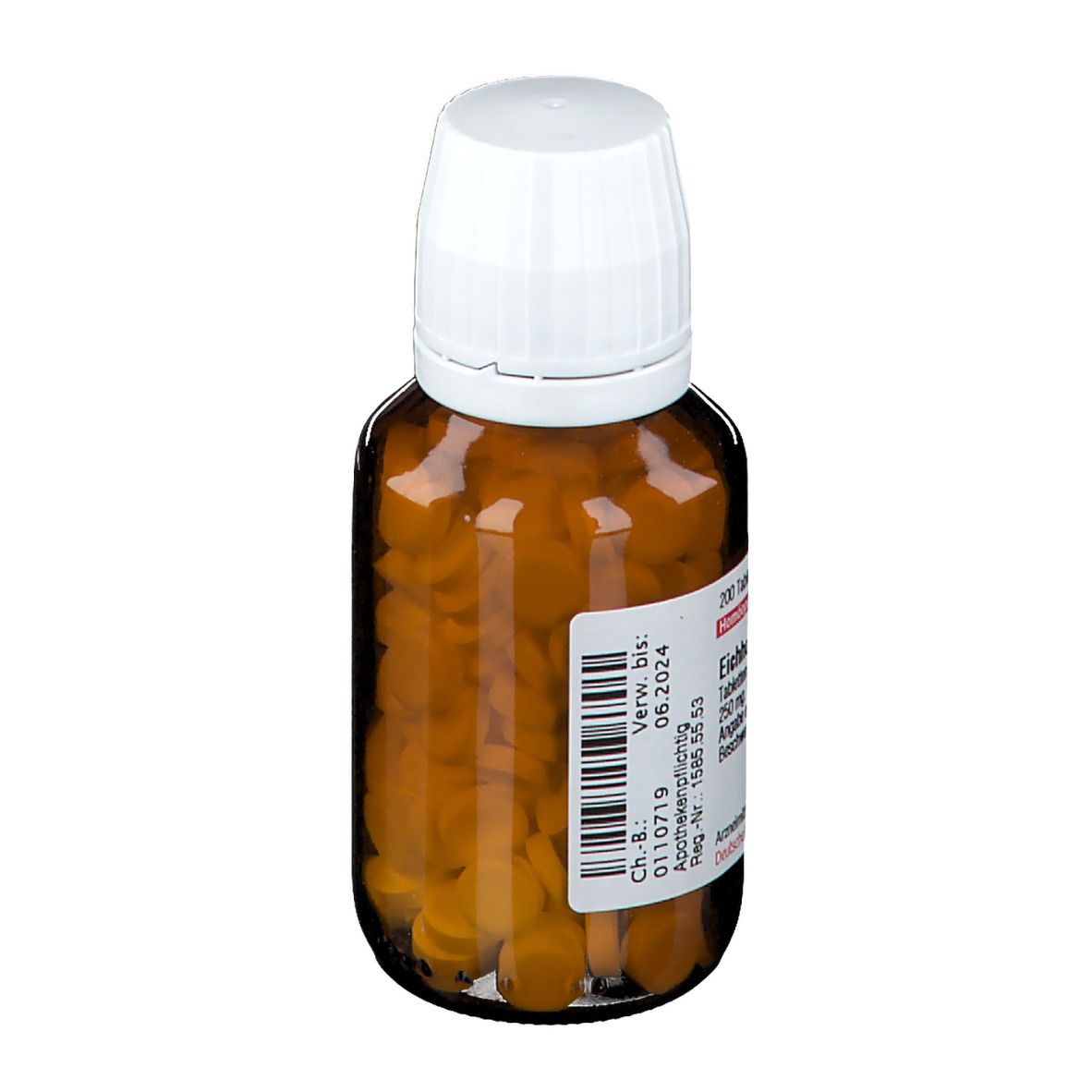 Braune Glasflasche mit weißem Deckel. Etikett mit Produktinformationen. Tabletten im Inneren sichtbar.