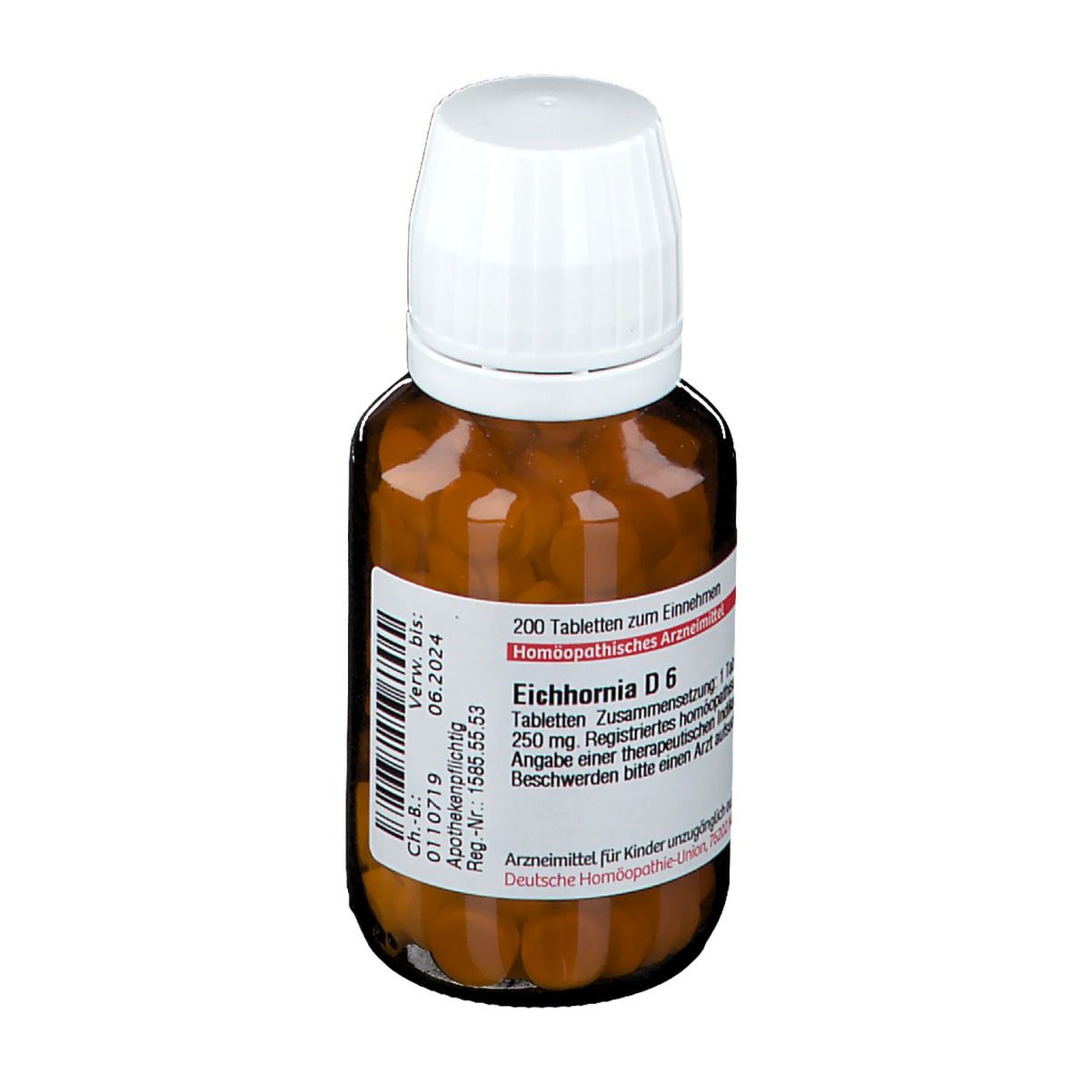 Braune Glasflasche mit weißem Deckel. Etikett mit Produktinformationen. Tabletten im Inneren sichtbar.