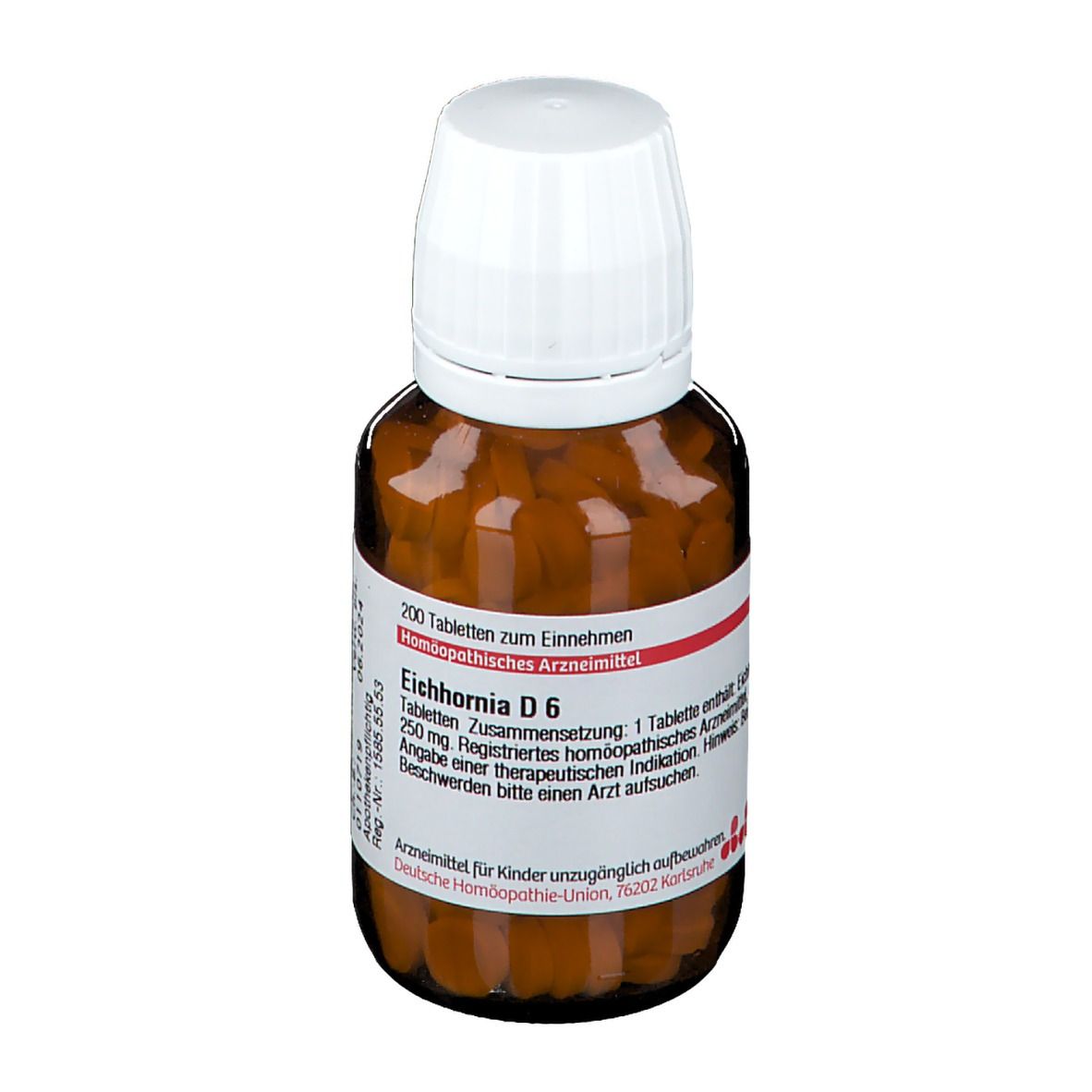 Braune Glasflasche mit weißem Deckel. Etikett mit Produktinformationen. Tabletten im Inneren sichtbar.