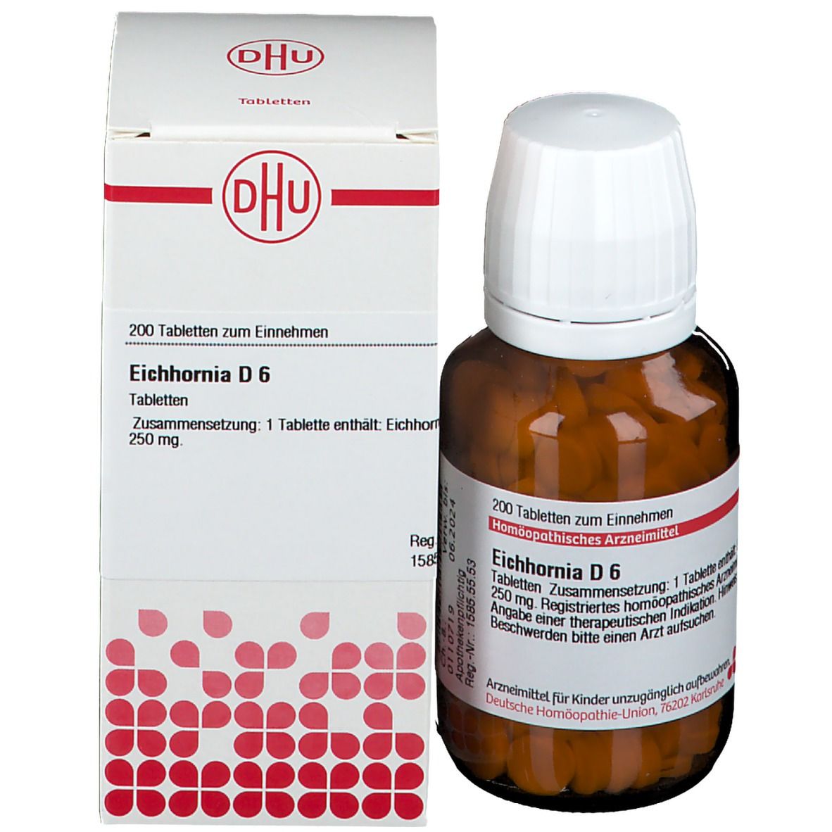 Braune Glasflasche und Schachtel. Beide mit Etiketten und Produktinformationen. Tabletten.