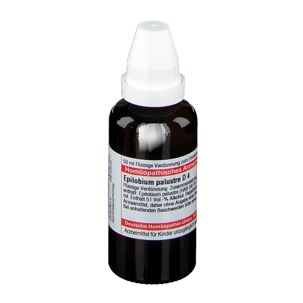 Braune Glasflasche mit weißem Verschluss. Etikett mit Produktinformationen. Homöopathisches Arzneimittel.