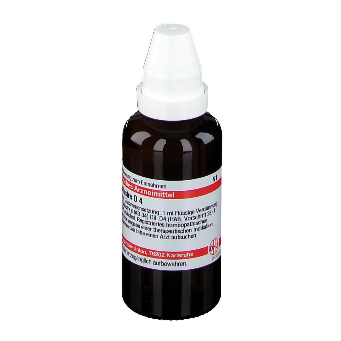 Braune Glasflasche mit weißem Verschluss. Etikett mit Produktinformationen. Homöopathisches Arzneimittel.