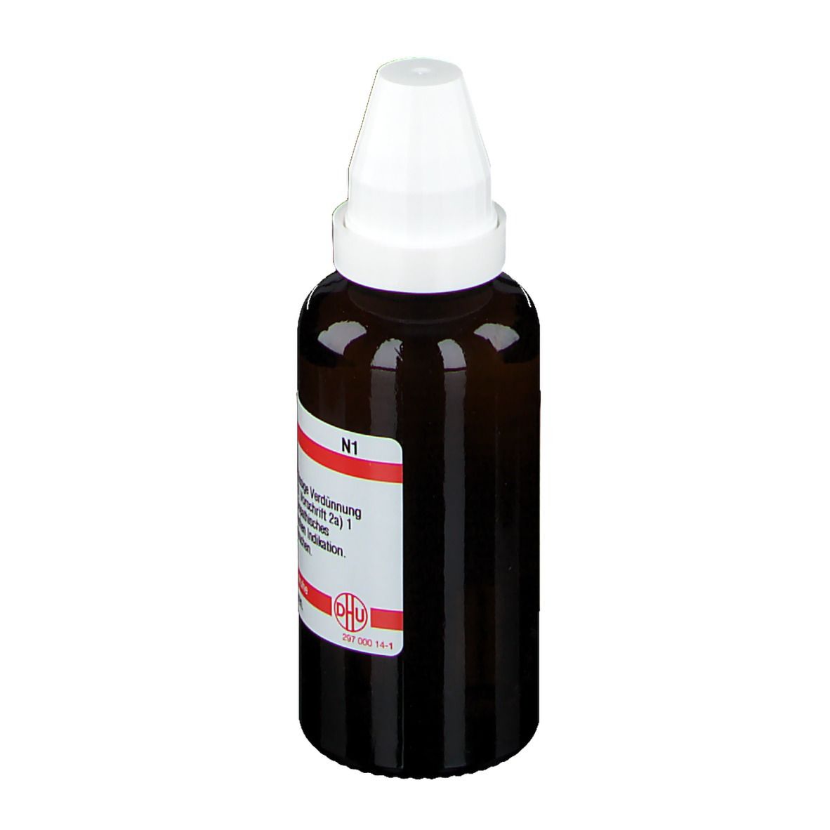 Braune Glasflasche mit weißem Verschluss. Etikett mit Produktinformationen. Homöopathisches Arzneimittel.