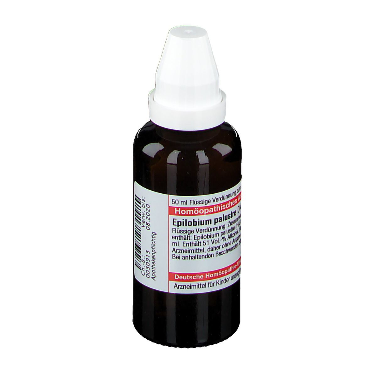 Braune Glasflasche mit weißem Verschluss. Etikett mit Produktinformationen. Homöopathisches Arzneimittel.