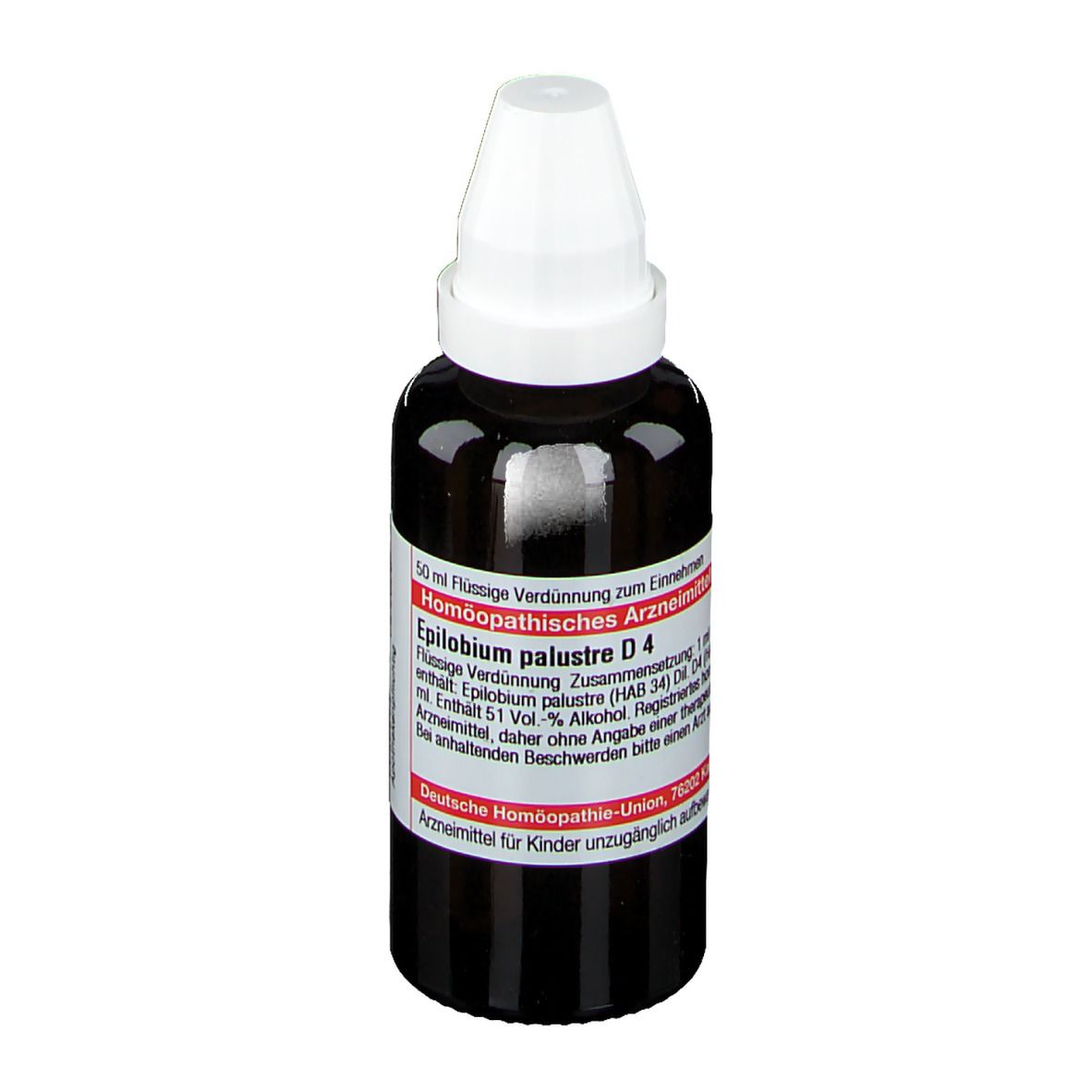 Braune Glasflasche mit weißem Verschluss. Etikett mit Produktinformationen. Homöopathisches Arzneimittel.