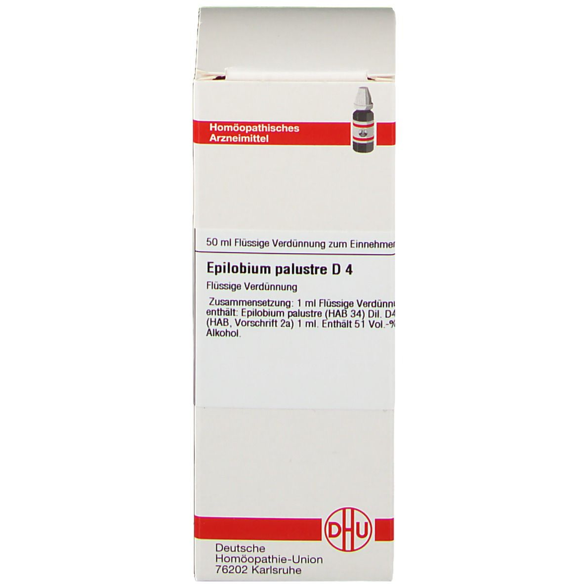 Verpackung mit Produktinformationen. Homöopathisches Arzneimittel. Flasche mit weißem Verschluss.