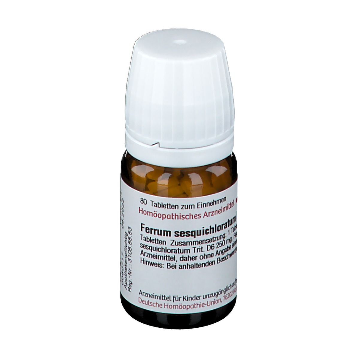 Braune Tabletten in einer braunen Glasflasche mit weißem Deckel. Beschriftung: DHU Ferrum sesquichloratum D6.
