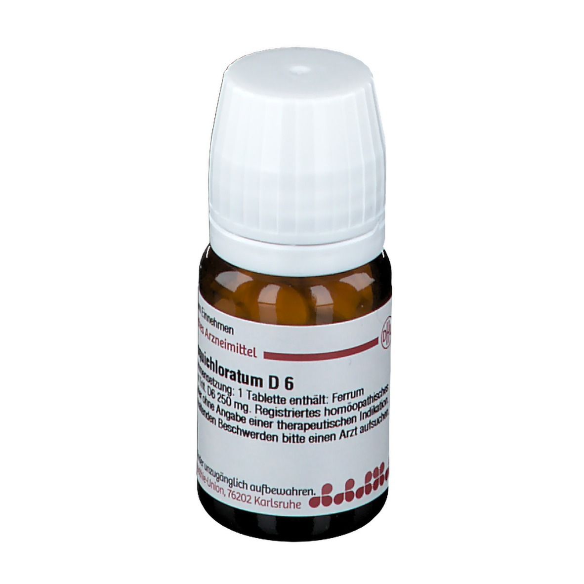 Braune Tabletten in einer braunen Glasflasche mit weißem Deckel. Beschriftung: DHU Ferrum sesquichloratum D6.