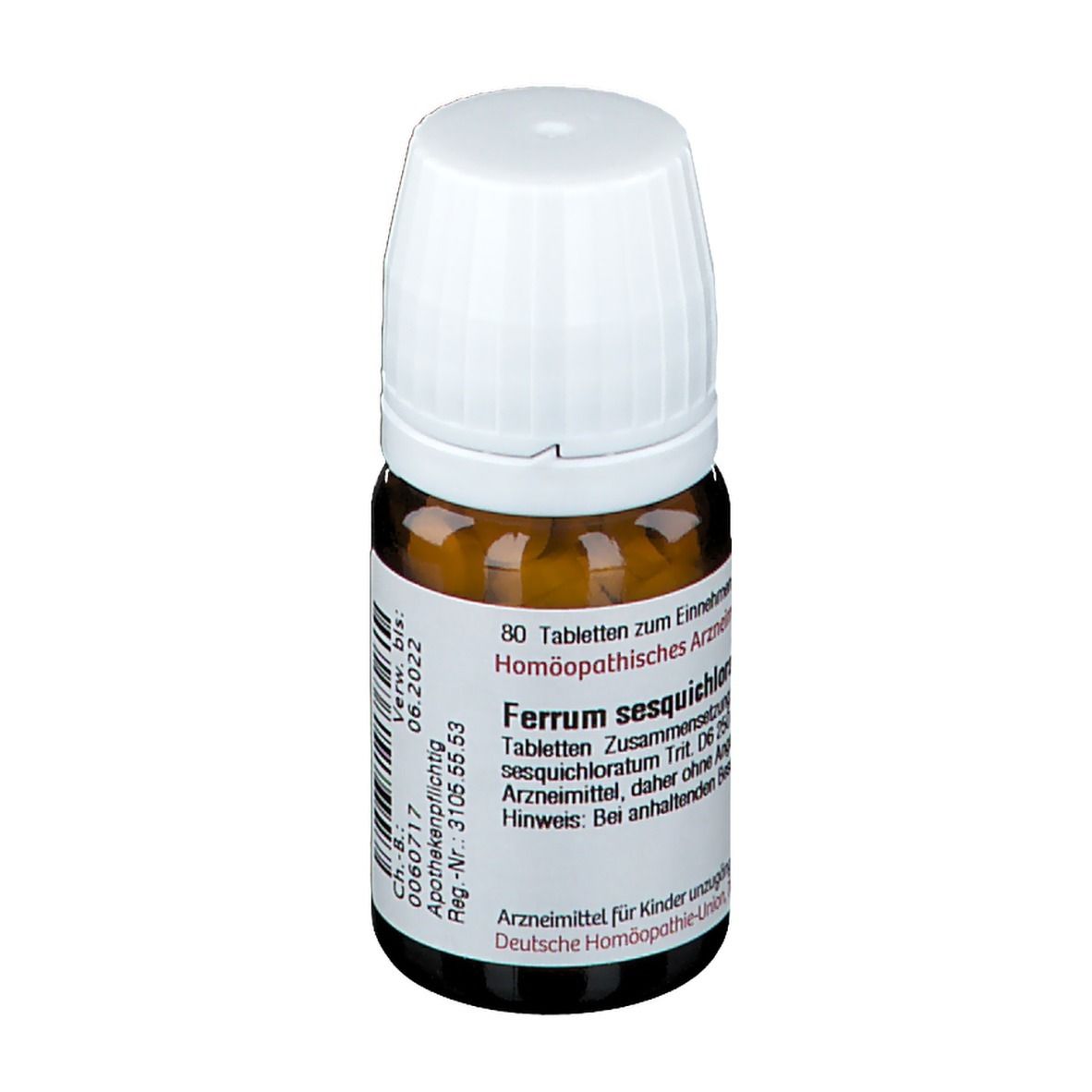 Braune Tabletten in einer braunen Glasflasche mit weißem Deckel. Beschriftung: DHU Ferrum sesquichloratum D6.