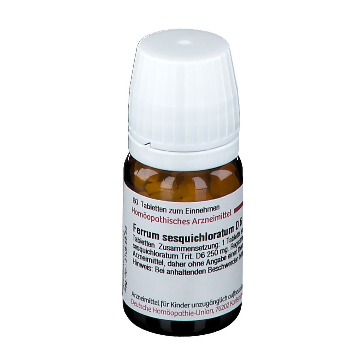 Braune Tabletten in einer braunen Glasflasche mit weißem Deckel. Beschriftung: DHU Ferrum sesquichloratum D6.