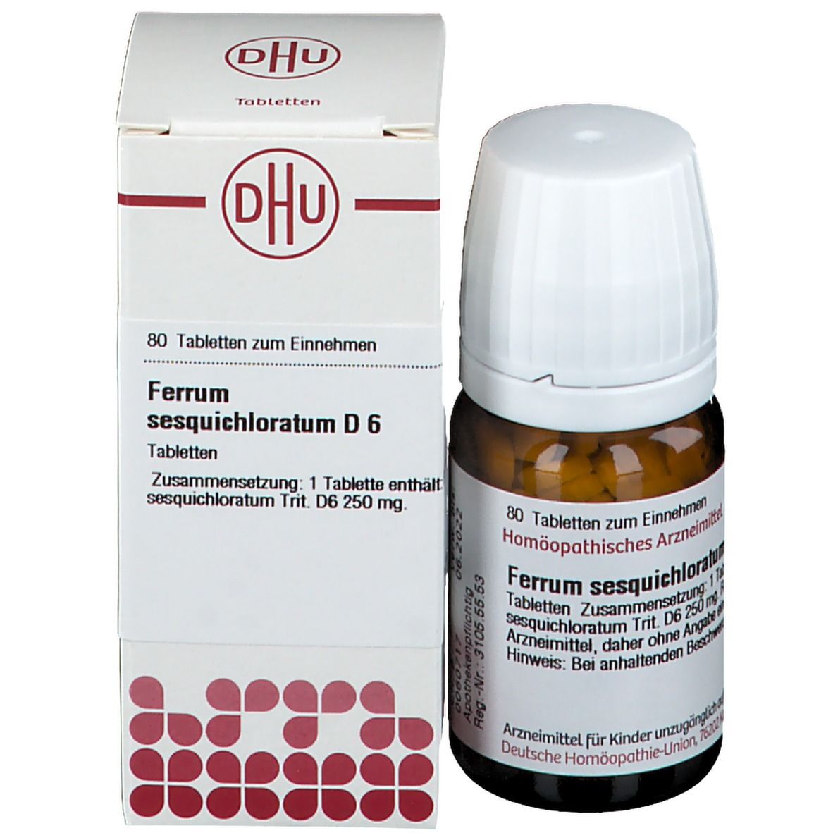 Produktverpackung mit Flasche. Auf der Verpackung steht DHU und Ferrum sesquichloratum D6. Flasche mit Tabletten.