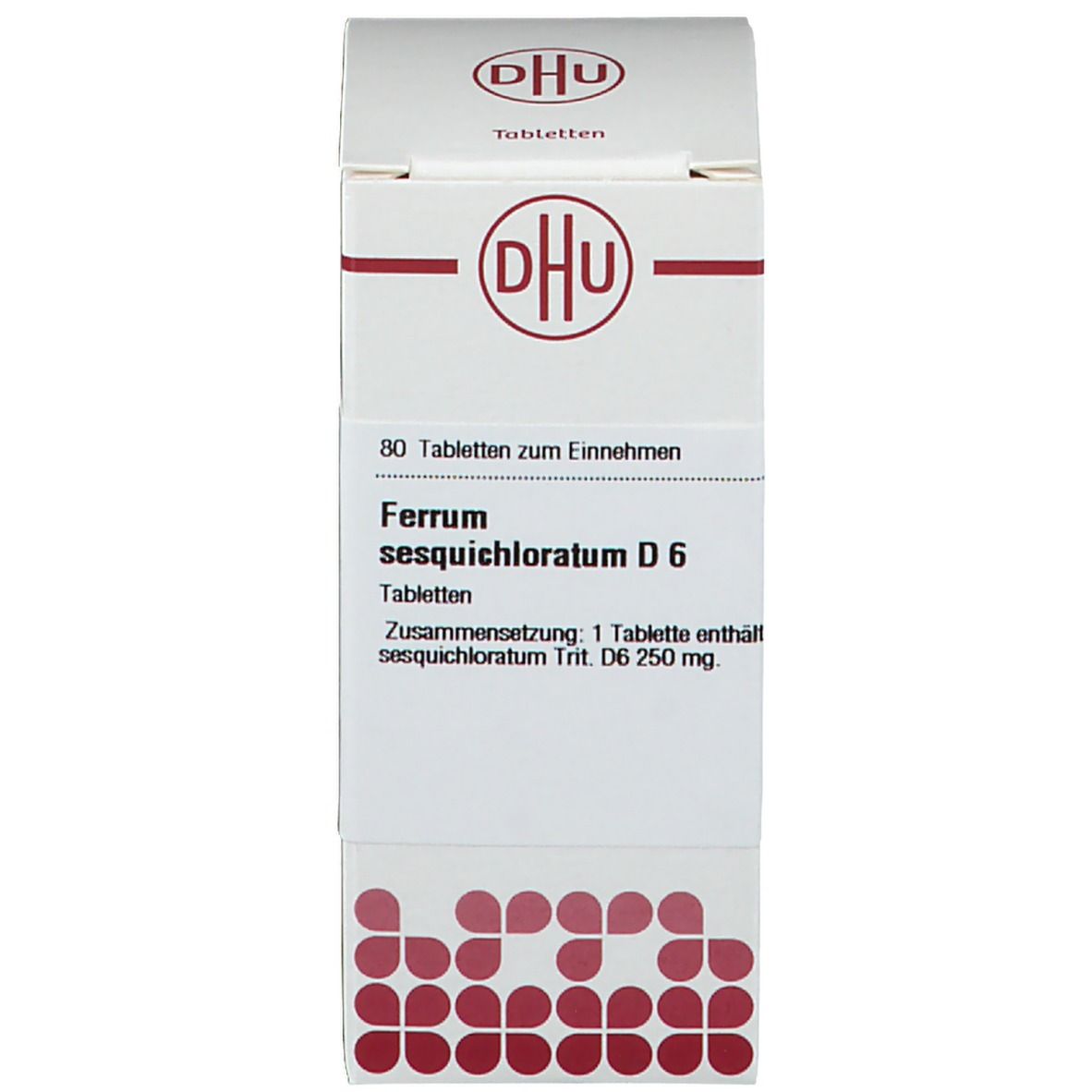 Produktverpackung mit DHU-Logo und Beschriftung: Ferrum sesquichloratum D6 Tabletten.