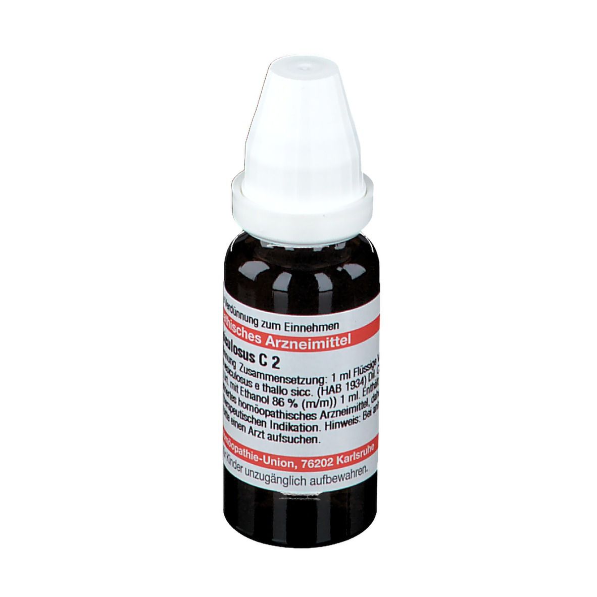Braune Glasflasche mit weißem Verschluss. Etikett mit Produktinformationen. Homöopathisches Arzneimittel.