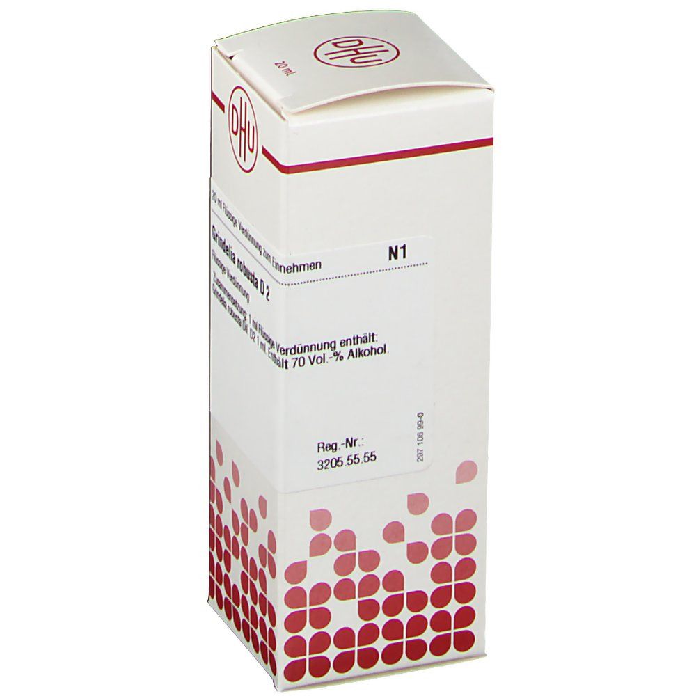 DHU-Verpackung mit Aufschrift Grindelia robusta D2. N1. Rote und weiße Farbgebung. Enthält 70 Vol.-% Alkohol.