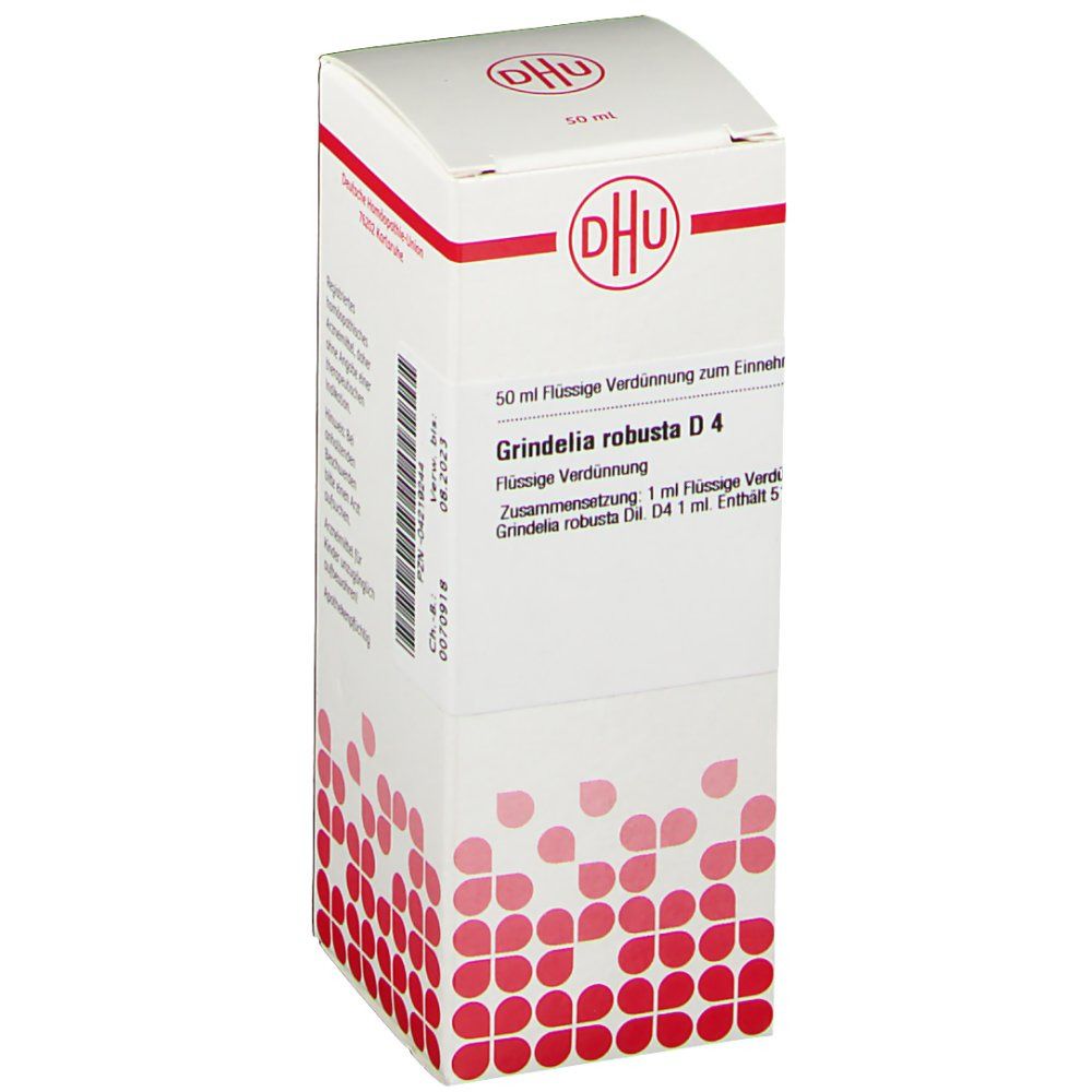 Weiße Faltschachtel mit rotem DHU-Logo und Produktbezeichnung Grindelia robusta D4. Text in deutscher Sprache.