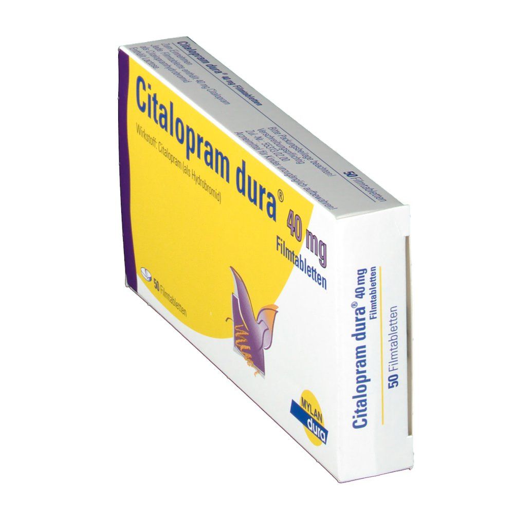 Schachtel Citalopram dura 40 mg Filmtabletten, schräg. Gelber Hintergrund, lila Logo. Aufschrift: 50 Filmtabletten, Mylan dura.