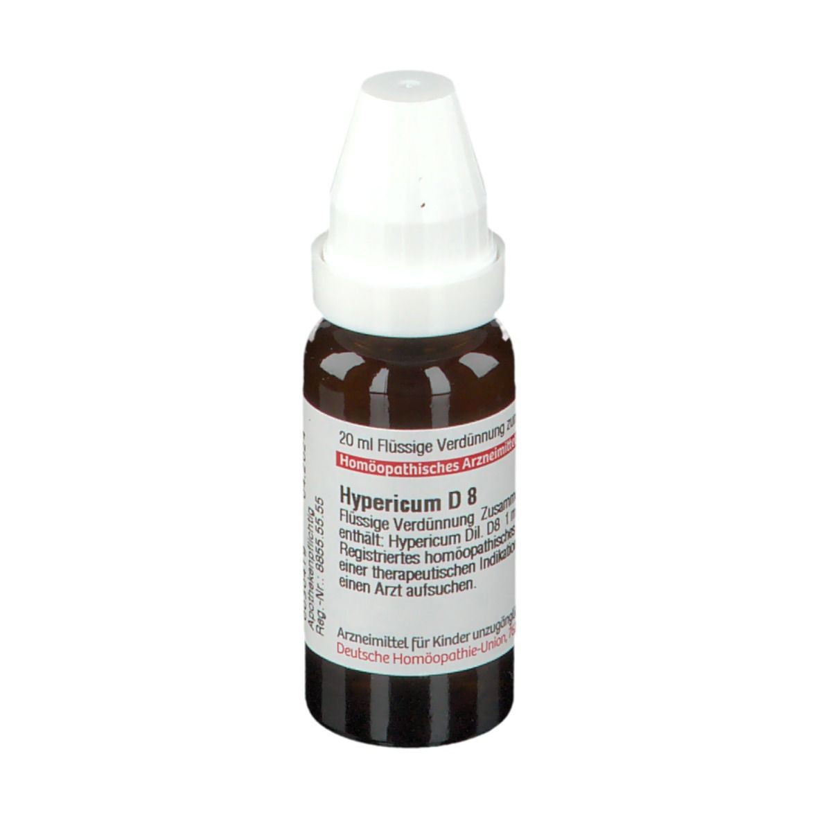 Braune Glasflasche mit weißem Verschluss. Etikett mit Text: Hypericum D 8, 20 ml Flüssige Verdünnung. DHU Logo.