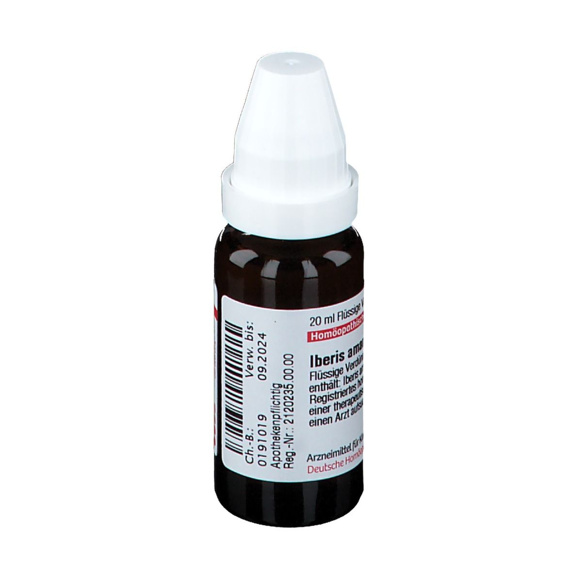 Braune Tropfflasche mit weißem Verschluss. Beschriftung: 20 ml, Iberis amara D 4, Apothekenpflichtig.