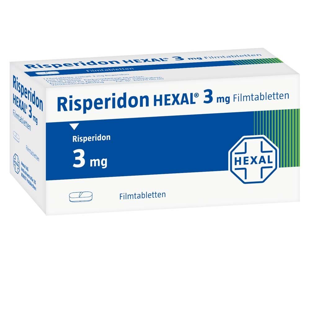 Weiße Faltschachtel mit blauer Fläche. Aufdruck: Risperidon HEXAL 3 mg Filmtabletten. Logo: HEXAL. Tablette abgebildet.