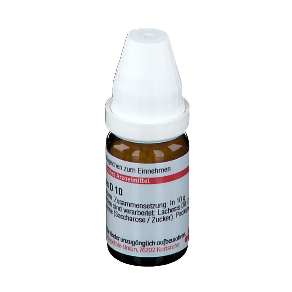 Braune Glasflasche mit weißen Deckel. Aufschrift: Lachesis D10, 10 g Streukügelchen, Homöopathisches Arzneimittel.
