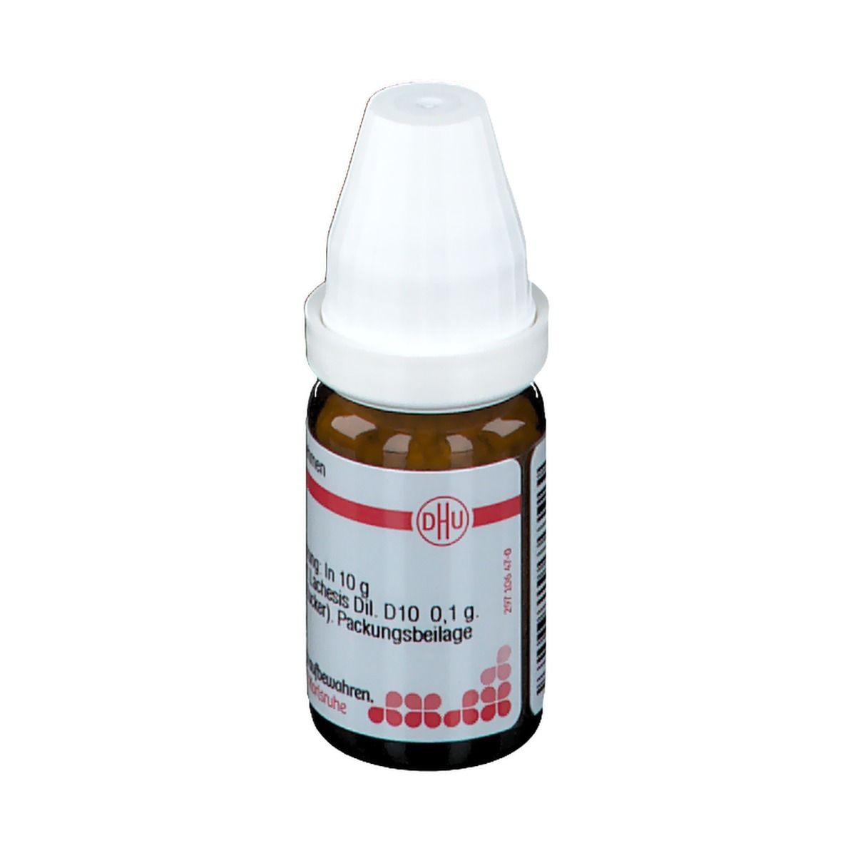 Braune Glasflasche mit weißen Deckel. Aufschrift: Lachesis D10, 10 g Streukügelchen, Homöopathisches Arzneimittel.