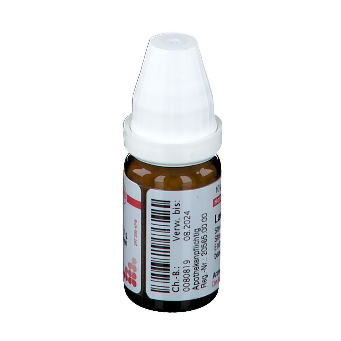 Braune Glasflasche mit weißen Deckel. Aufschrift: Lachesis D10, 10 g Streukügelchen, Homöopathisches Arzneimittel.