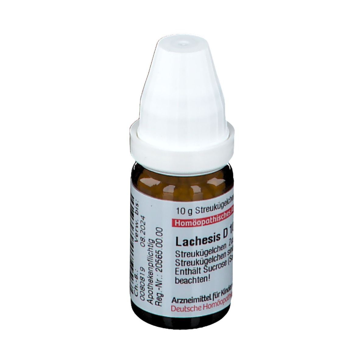 Braune Glasflasche mit weißen Deckel. Aufschrift: Lachesis D10, 10 g Streukügelchen, Homöopathisches Arzneimittel.