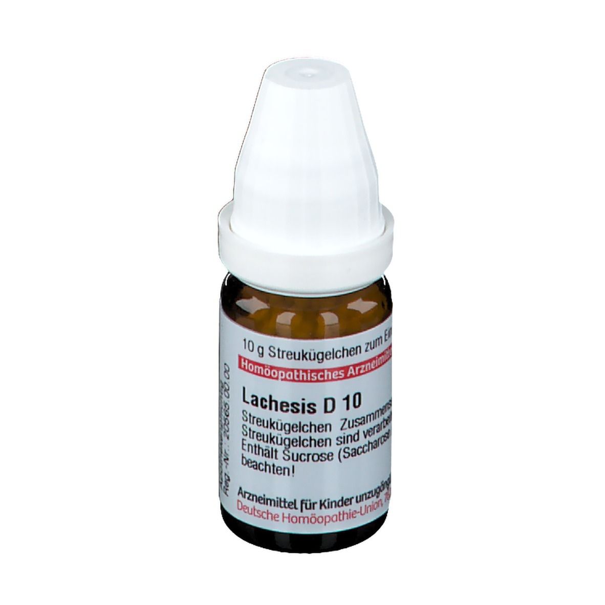 Braune Glasflasche mit weißen Deckel. Aufschrift: Lachesis D10, 10 g Streukügelchen, Homöopathisches Arzneimittel.