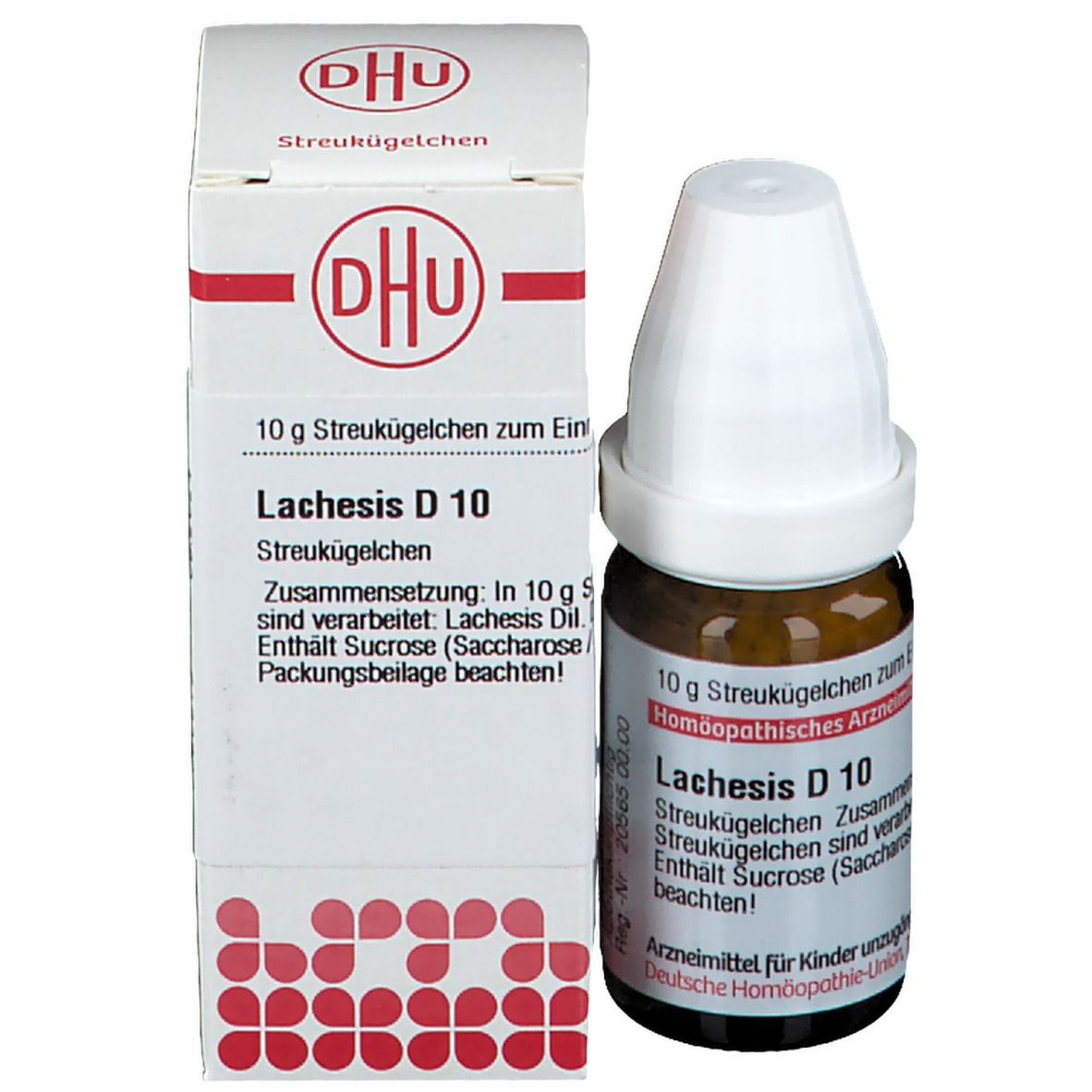 Braune Glasflasche mit weißen Deckel und Verpackung. Aufschrift: Lachesis D10, 10 g Streukügelchen, Homöopathisches Arzneimittel.