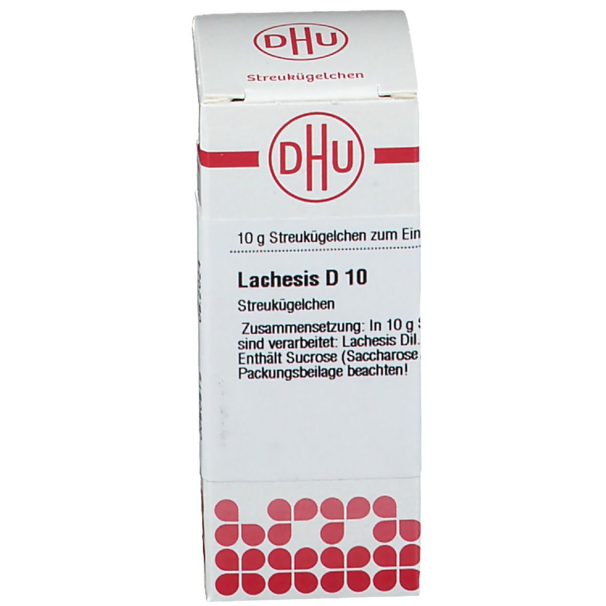 Verpackung mit Aufschrift: Lachesis D10, 10 g Streukügelchen, Homöopathisches Arzneimittel. Logo DHU.