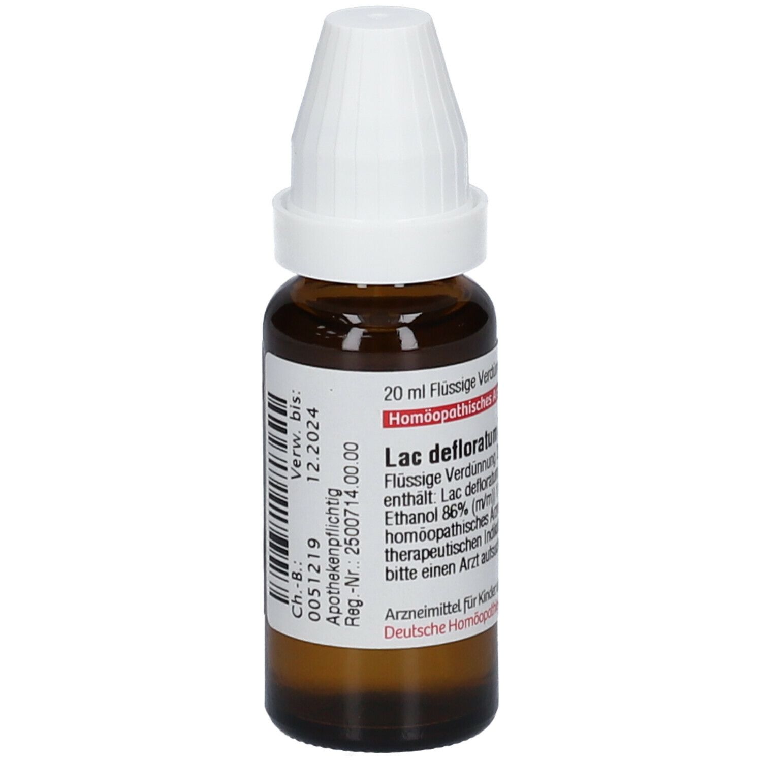 Braune Glasflasche mit weißem Verschluss. Etikett mit Produktinformationen. DHU Lac defloratum D6.