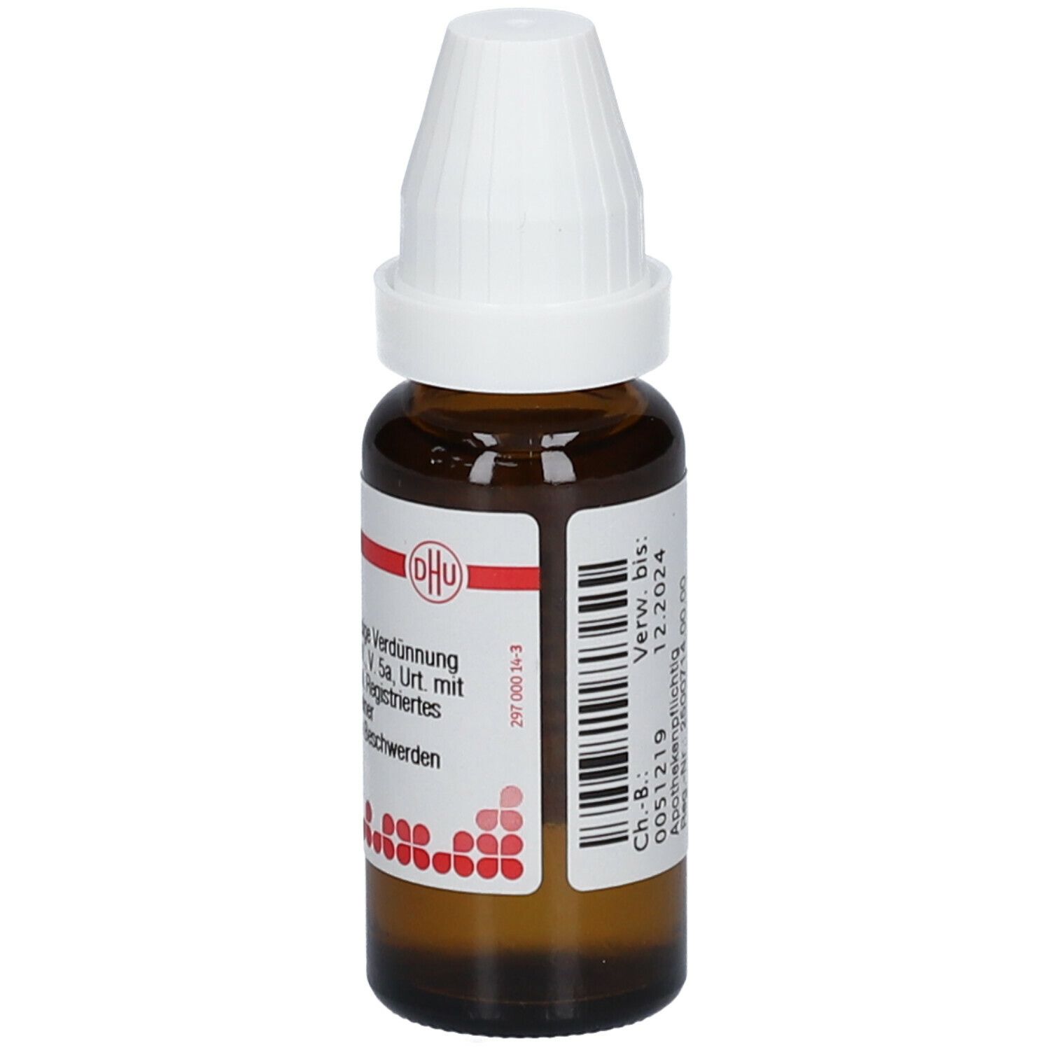 Braune Glasflasche mit weißem Verschluss. Etikett mit Produktinformationen. DHU Lac defloratum D6.