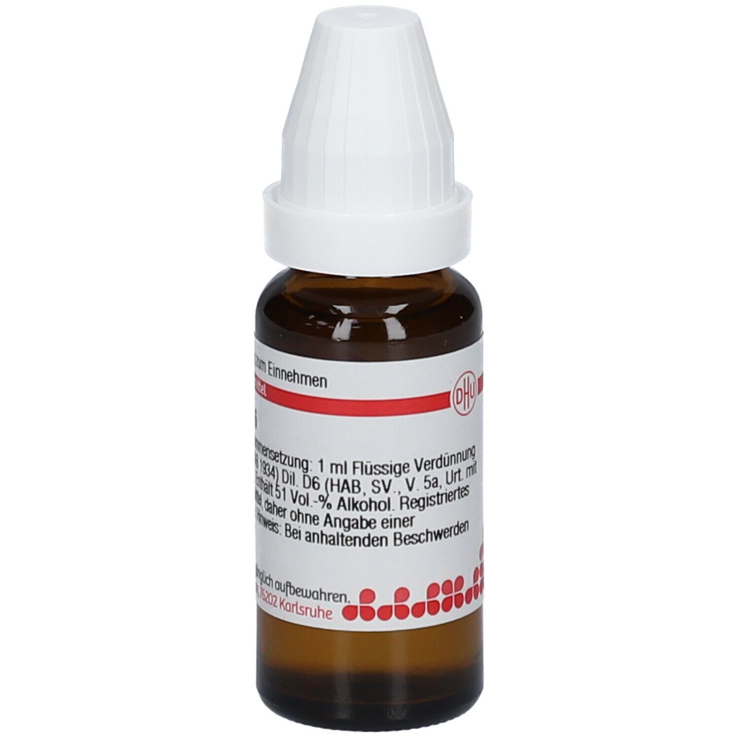 Braune Glasflasche mit weißem Verschluss. Etikett mit Produktinformationen. DHU Lac defloratum D6.