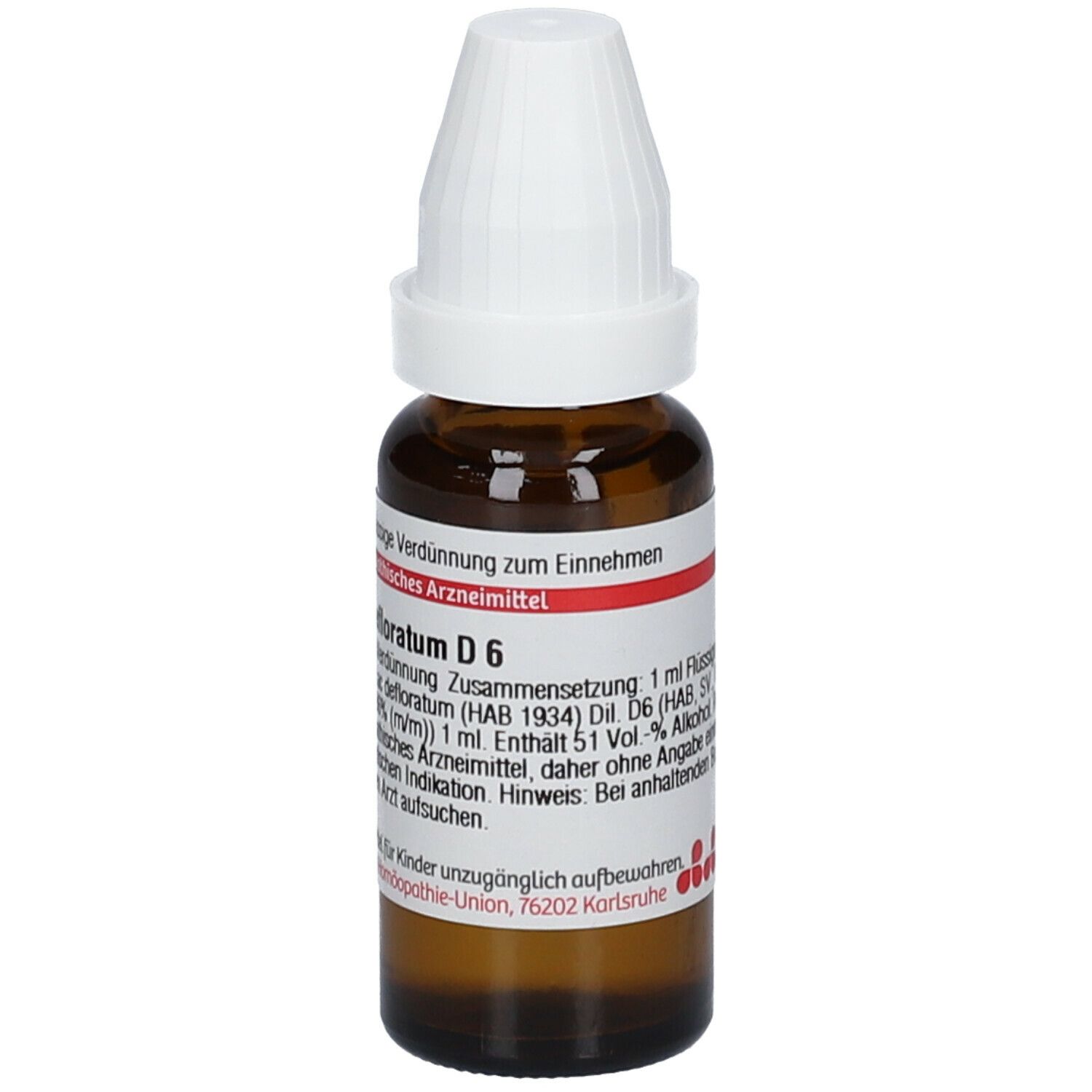Braune Glasflasche mit weißem Verschluss. Etikett mit Produktinformationen. DHU Lac defloratum D6.