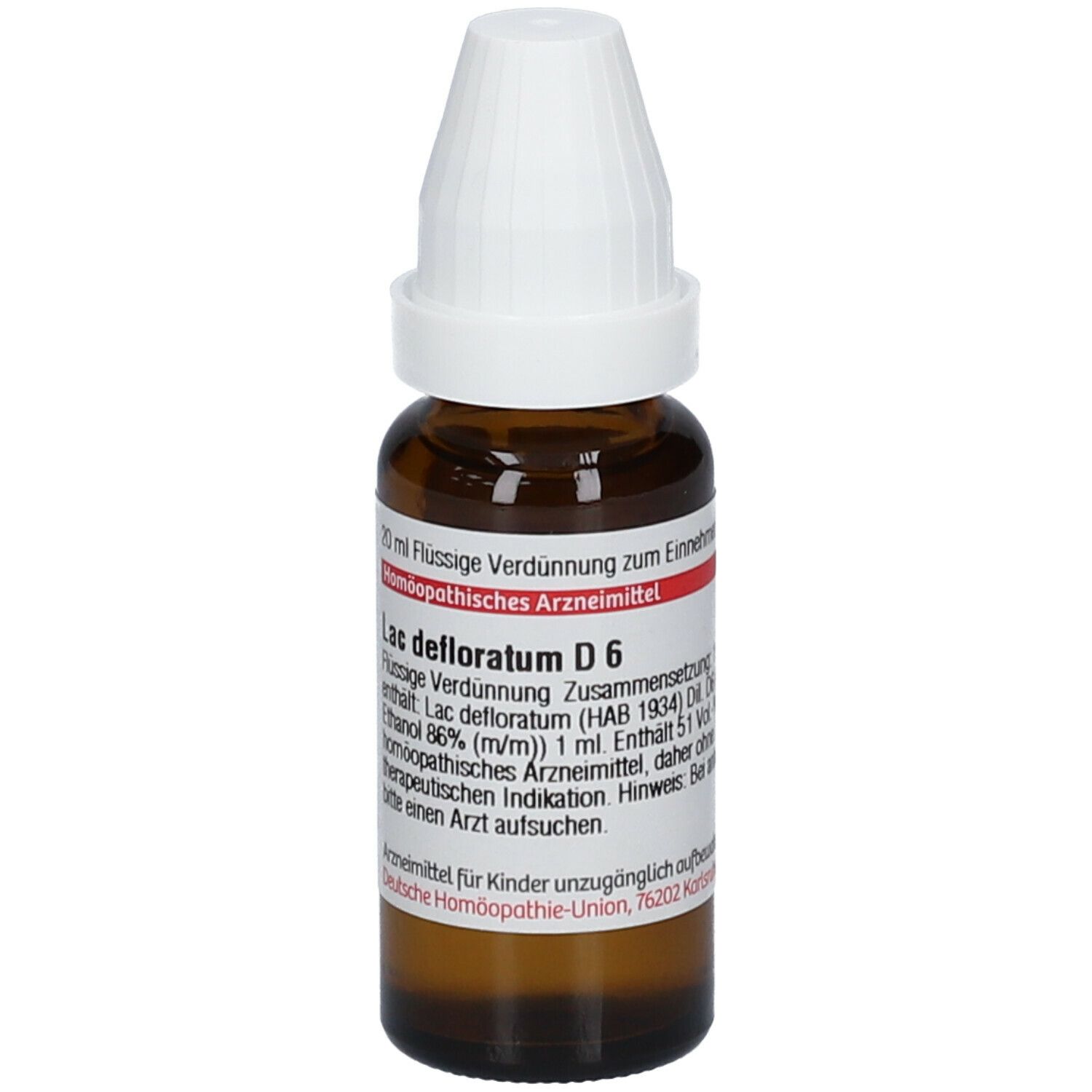 Braune Glasflasche mit weißem Verschluss. Etikett mit Produktinformationen. DHU Lac defloratum D6.