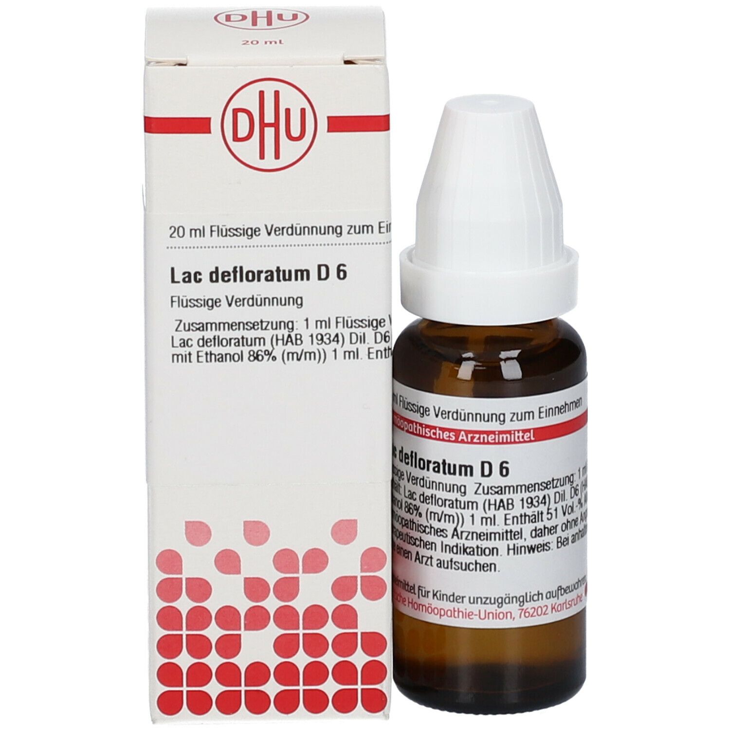 Braune Glasflasche und Schachtel. Auf der Schachtel steht DHU und Lac defloratum D6. Flasche daneben.