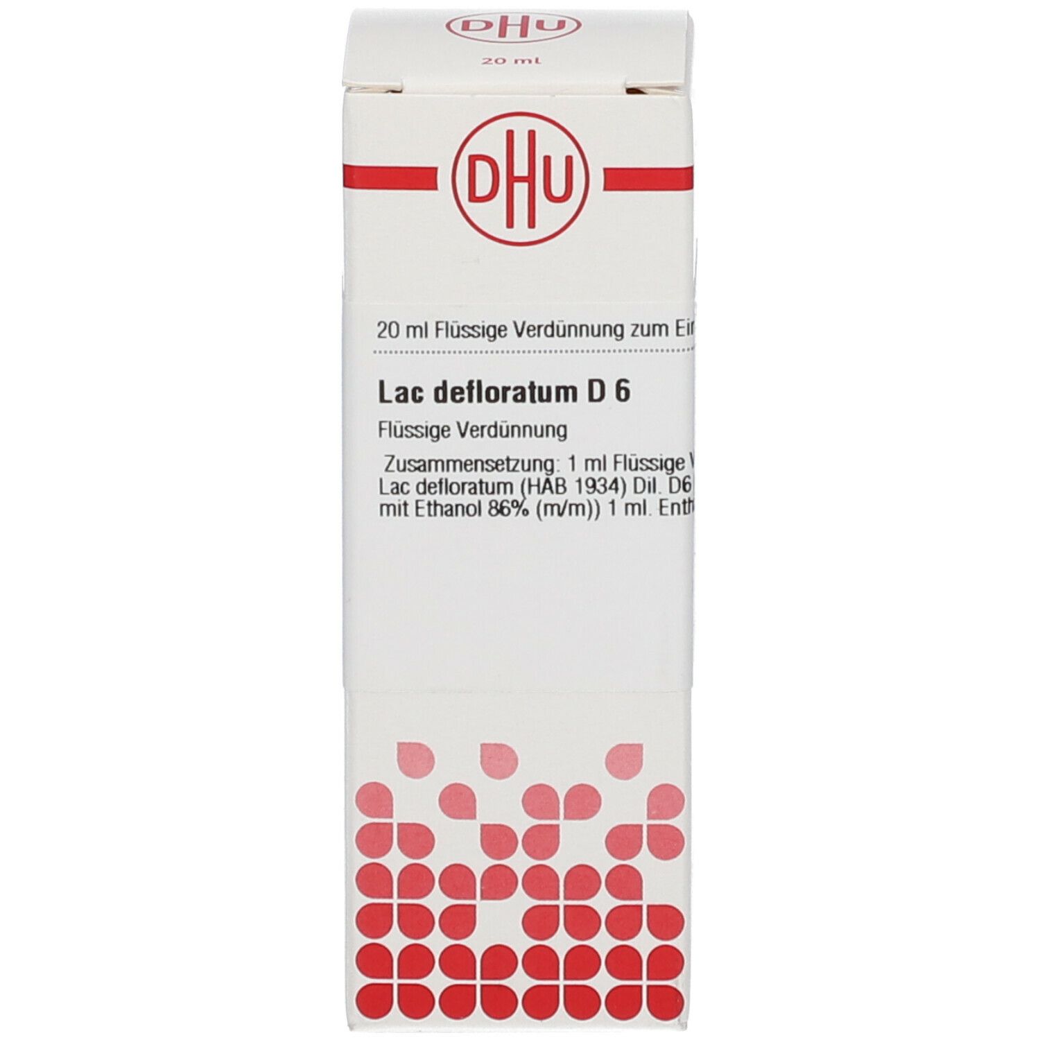 Weiße Schachtel mit DHU-Logo und Produktinformationen. Aufschrift: Lac defloratum D6.